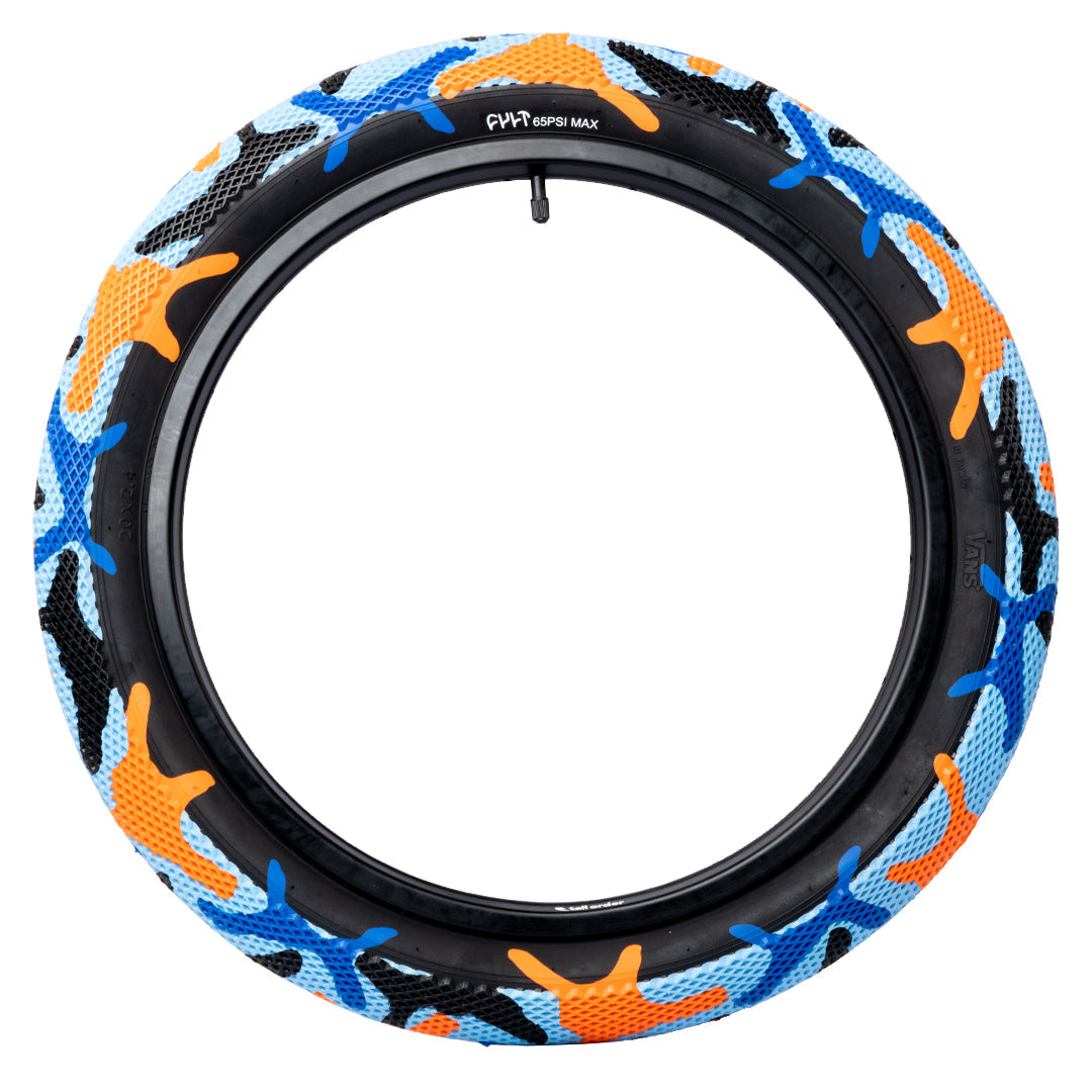 Cult Vans Tyre - Blue / Orange Camo With Black Sidewall 2.40" | BMX
